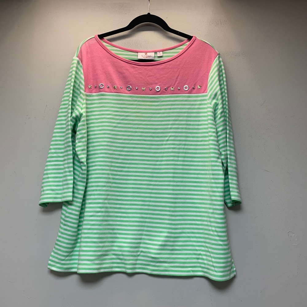 Quacker Factory Top Women XL Green Pink Striped Excellent Rhinestone Star Studs